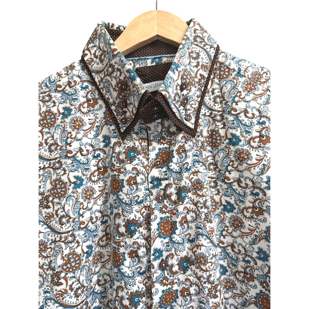 John Lennon Mens Floral Paisley Button Down Shirt Blue‎ Brown Long Sleeve 3XL